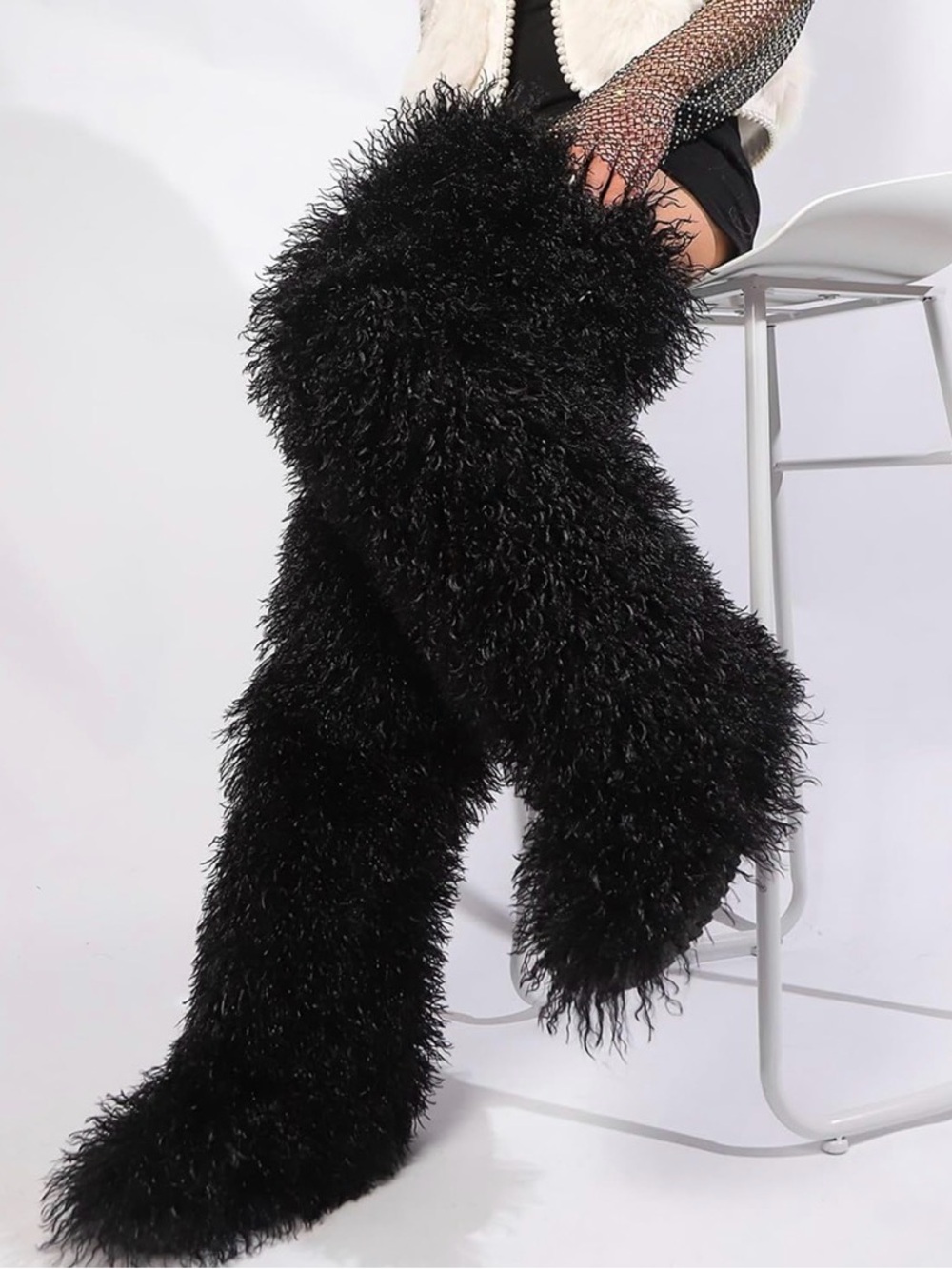 Black Over-the-Knee Faux Curly Shearling Boots Black Thigh High